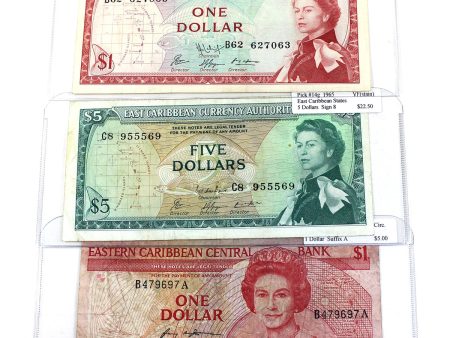 3x East Caribbean States Notes, 1965 & 1985-88 $1 & $5, Circ to VF-EF, 3Pcs (1x Stain) Online now