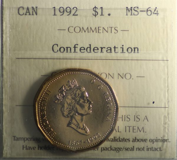 1992 Canada Confederation Loon Dollar ICCS Certified MS-64 For Sale