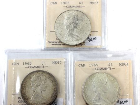 Lot of 3x 1965 Variety 1, 2 & 3 Canada Dollars, ICCS Certified MS-64, 3Pcs Online now