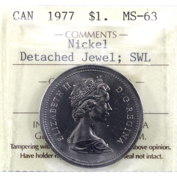 1977 Var. 3 Det. Jewel; SWL Canada Nickel Dollar ICCS Certified MS-63 Supply