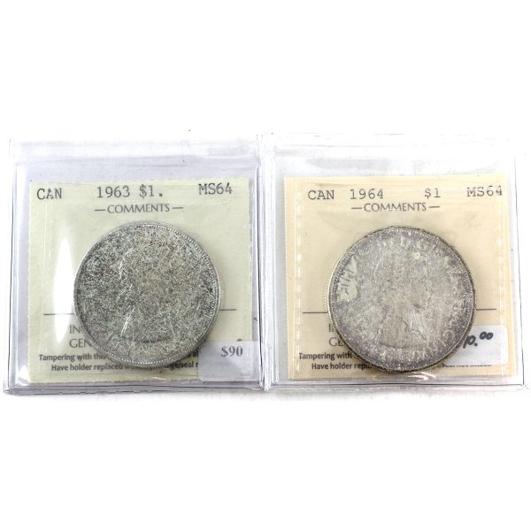 Pair of 1963 & 1964 Canada Dollars ICCS Certified MS-64, 2Pcs Online Hot Sale