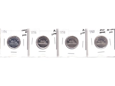 4x 1954, 1956, 1958 & 1960 Canada 5-cents AU-UNC to Choice BU or PL, 4Pcs (Impaired) Cheap