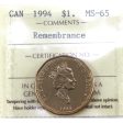 1994 Remembrance Canada Dollar ICCS Certified MS-65 Supply